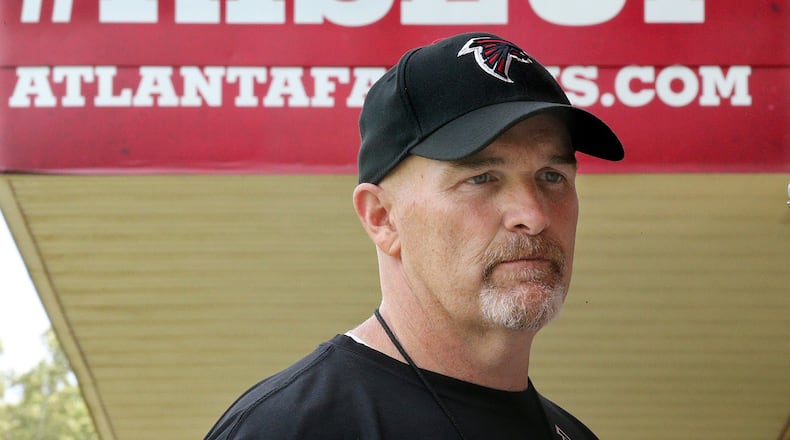 Flowery Branch: Atlanta Falcons head coach Dan Quinn during an interview with the AJC at rookie mini-camp on Friday, May 12, 2017, in Flowery Branch. Curtis Compton/ccompton@ajc.com