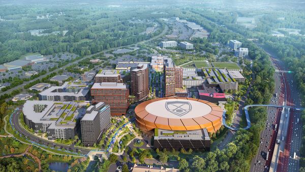 This is a rendering of a planned redevelopment of North Point Mall in Alpharetta by Jamestown and New York Life. It is centered around a 20,000-seat arena large enough to support an NHL franchise if one were announced for the Atlanta area. (Courtesy of Jamestown)