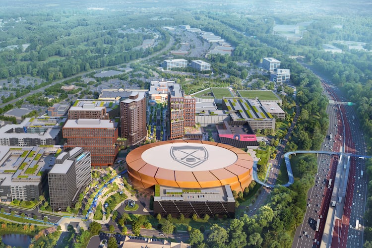 This is a rendering of a planned redevelopment of North Point Mall in Alpharetta by Jamestown and New York Life. It is centered around a 20,000-seat arena large enough to support an NHL franchise if one were announced for the Atlanta area. (Courtesy of Jamestown)