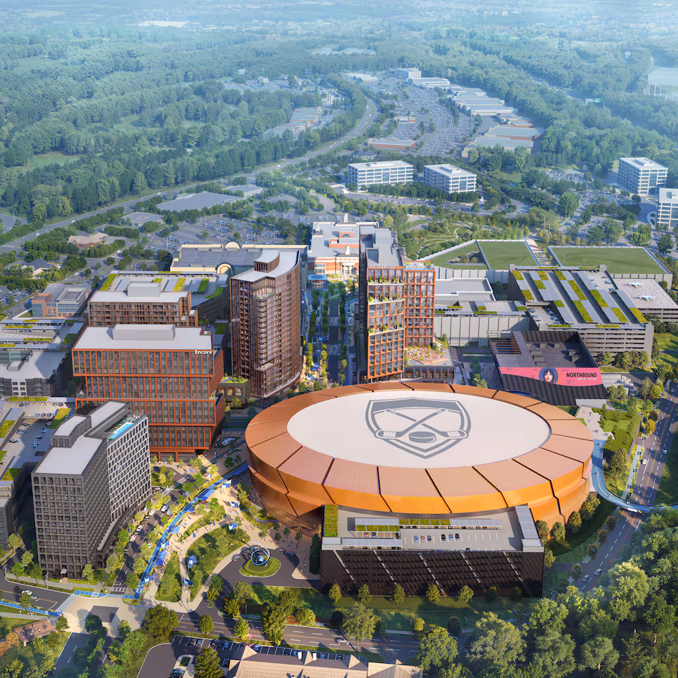 This is a rendering of a planned redevelopment of North Point Mall in Alpharetta by Jamestown and New York Life. It is centered around a 20,000-seat arena large enough to support an NHL franchise if one were announced for the Atlanta area. (Courtesy of Jamestown)