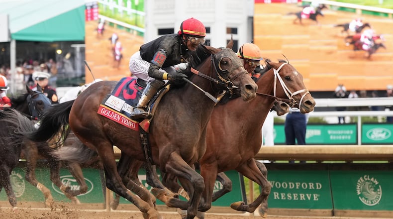 Golden Tempo (19) ridden by Jose L. Ortiz wins the 152nd running of the Kentucky Derby horse race at Churchill Downs, Saturday, May 2, 2026, in Louisville, Ky. (AP Photo/Jeff Roberson)