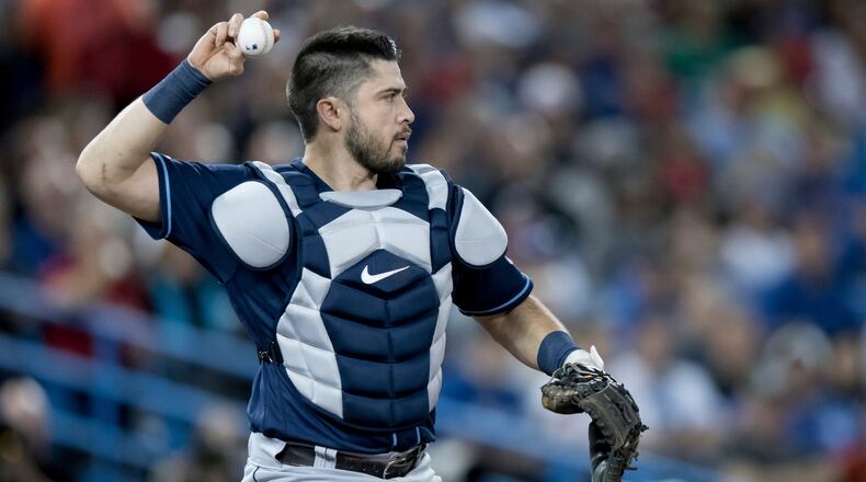 Travis d'Arnaud, shown here as a member of the Tampa Bay Devil Rays in 2019, will share time behind the plate with Tyler Flowers for the Braves this season. (Photo by Julian Avram/Icon Sportswire) (Icon Sportswire via AP Images)