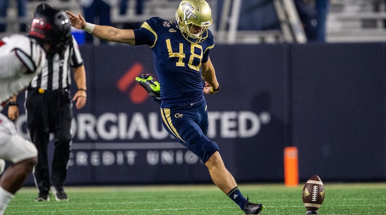 Georgia Tech specialist Austin Kent kicks off against Louisville at Bobby Dodd Stadium on October 9, 2020. (Danny Karnik/Georgia Tech Athletics)