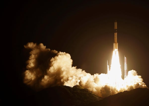 An H-2A rocket carrying Global Observing SATellite for Greenhouse gases and Water cycle, or GOSAT-GW satellite, lifts off from a launch pad in Tanegashima Space Center in Tanegashima, southern Japan, early Sunday, June 29, 2025. (Haruna Furuhashi/Kyodo News via AP)