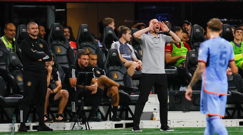 Atlanta United interim coach Rob Valentino yells instructions during the second half at Mercedes-Benz Stadium on Wednesday, July 17, 2024.
(Miguel Martinez/ AJC)