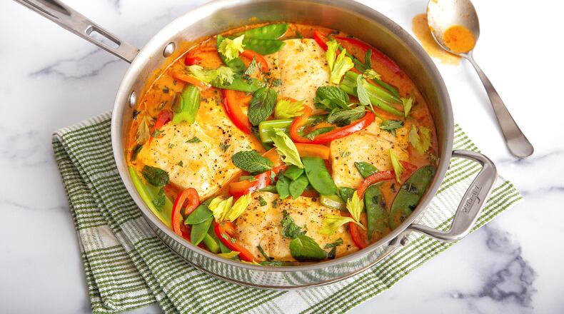 Wild Alaska Halibut with Red Curry and Vegetables.
Courtesy of Brooke Slezak