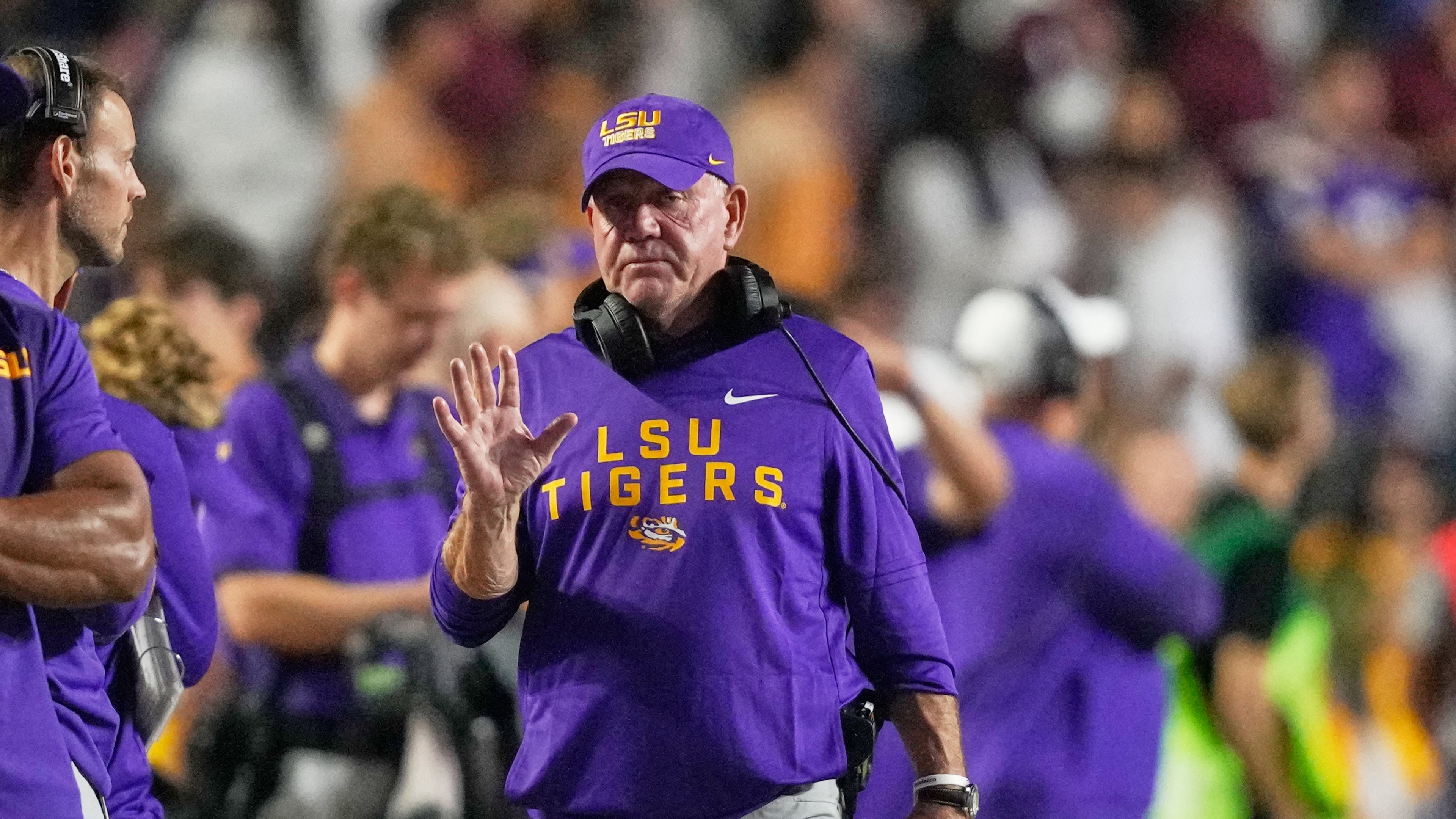 LSU head coach Brian Kelly walks on the sideline in the second half of an NCAA college football game against Texas A&M, Saturday, Oct. 25, 2025 in Baton Rouge, La. (AP Photo/Gerald Herbert)