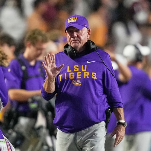 LSU head coach Brian Kelly walks on the sideline in the second half of an NCAA college football game against Texas A&M, Saturday, Oct. 25, 2025 in Baton Rouge, La. (AP Photo/Gerald Herbert)