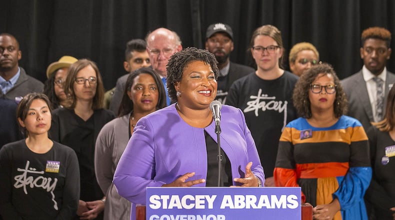 Stacey Abrams makes remarks during a press conference at her campaign headquarters on Nov. 16. (ALYSSA POINTER/ALYSSA.POINTER@AJC.COM)