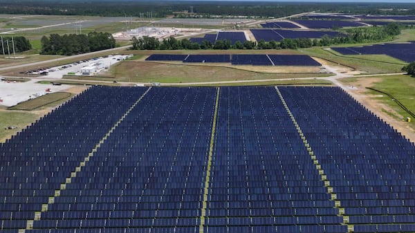 An aerial image shows a large construction site in Bacon County, where Silicon Ranch is building one of Georgia's largest solar farms in one of its smallest counties. (Miguel Martinez/AJC)