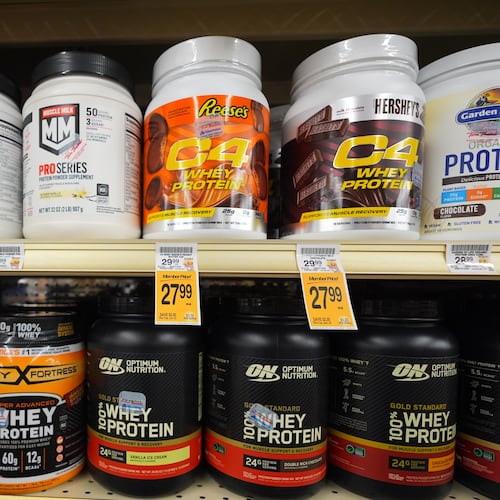 Protein products sit for sale at a grocery store, Wednesday, June 10, 2026, in Dallas. (AP Photo/LM Otero)