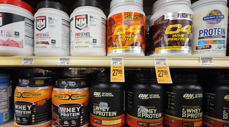 Protein products sit for sale at a grocery store, Wednesday, June 10, 2026, in Dallas. (AP Photo/LM Otero)