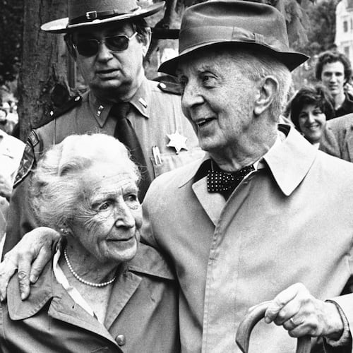 FILE - Artist Norman Rockwell, right and his wife Molly, left, in his last public appearance at a 'Norman Rockwell Day' parade in Stockbridge, Mass., Nov. 9, 1978. (AP Photo, File)