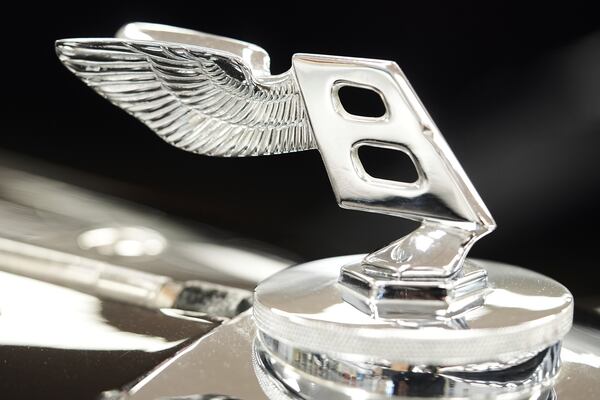 Shown is a hood ornament on a 1938 Bentley 4 1/4 Liter "Dona Ximena" at The Rolls-Royce Foundation in Mechanicsburg, Pa., Saturday, April 5, 2025. (AP Photo/Matt Rourke)