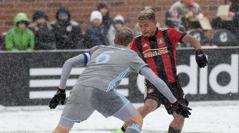 Josef Martinez of Atlanta United FC controls the ball against Vladim Demidov (6) of Minnesota United FC during the second half of the match on March 12, 2017 at TCF Bank Stadium in Minneapolis, Minnesota. Atlanta defeated Minnesota 6-1. (Photo by Hannah Foslien/Getty Images)