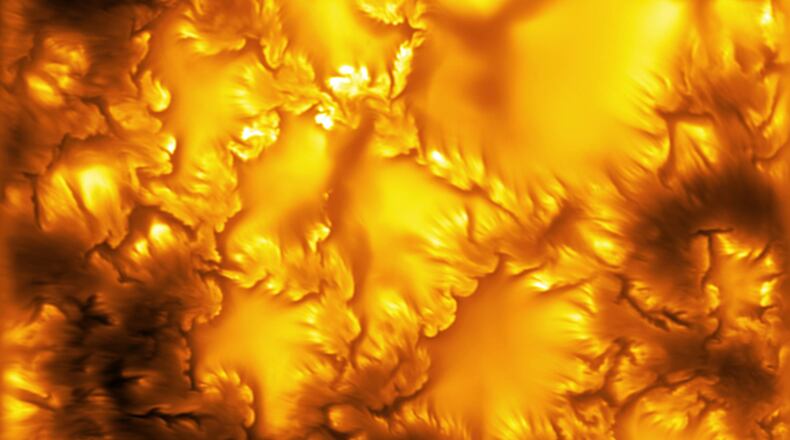 This undated image provided by the NSF National Solar Observatory on Monday, Aug. 3, 2026, shows the sun's surface. (National Science Foundation National Solar Observatory via AP)
