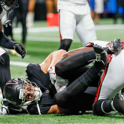 Atlanta Falcons wide receiver Drake London reacts after catching the ball in the end zone. Still, the pass was called incomplete during the second half of an NFL football game against the Tampa Bay Buccaneers at Mercedes-Benz Stadium on Sunday, September 7, 2025, in Atlanta.
(Miguel Martinez/AJC)