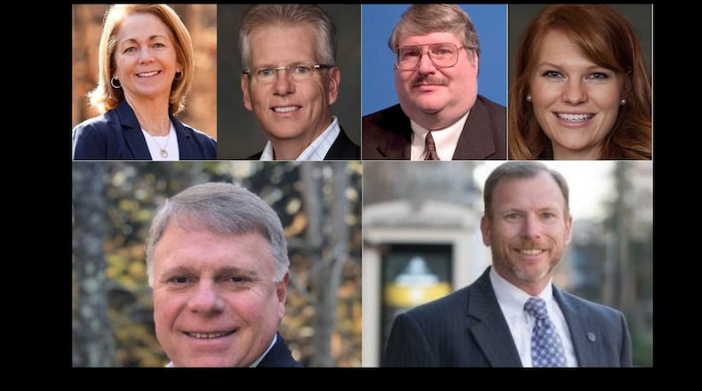 The ballot is set for an upcoming electon in Alpharetta. (Top:) Council candidates Karen Richard, John Hipes, Clifford Martin, Katie Harding. (Bottom:) Mayoral candidates Jim Gilvin and Chris Owens.