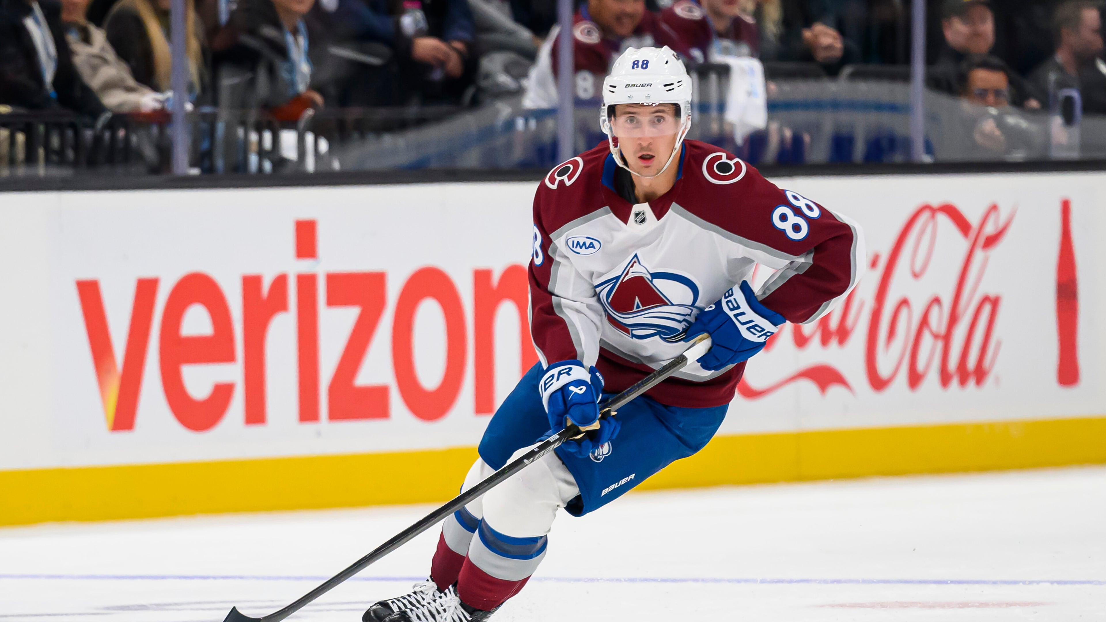 Colorado Avalanche center Martin Necas (88) skates the puck to the net leading to a goal during the third period of an NHL hockey game against the Utah Mammoth, Tuesday, Oct. 21, 2025, in Salt Lake City, Utah. (AP Photo/Tyler Tate)