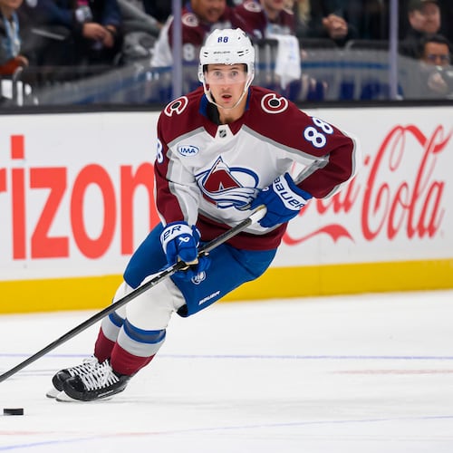 Colorado Avalanche center Martin Necas (88) skates the puck to the net leading to a goal during the third period of an NHL hockey game against the Utah Mammoth, Tuesday, Oct. 21, 2025, in Salt Lake City, Utah. (AP Photo/Tyler Tate)