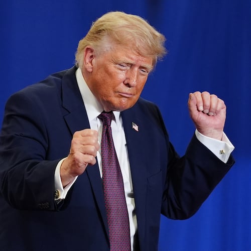 President Donald Trump dances on stage at a Mack Trucks facility, Tuesday, June 23, 2026, in Macungie, Pa. (AP Photo/Julia Demaree Nikhinson)