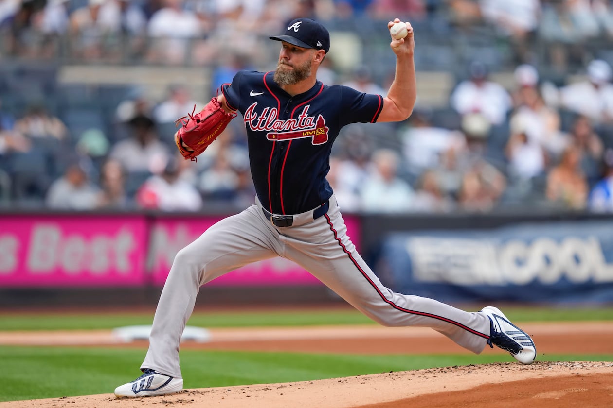 Braves pitcher Chris Sale, pictured throwing against the Yankees on Saturday, Aug. 8, 2026, allowed three runs on five hits and two walks with eight strikeouts in Atlanta's 5-4 loss. (Yuki Iwamura/AP)