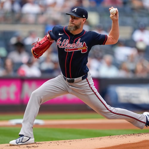 Braves pitcher Chris Sale, pictured throwing against the Yankees on Saturday, Aug. 8, 2026, allowed three runs on five hits and two walks with eight strikeouts in Atlanta's 5-4 loss. (Yuki Iwamura/AP)