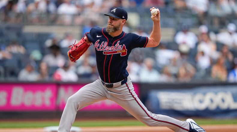 Braves pitcher Chris Sale, pictured throwing against the Yankees on Saturday, Aug. 8, 2026, allowed three runs on five hits and two walks with eight strikeouts in Atlanta's 5-4 loss. (Yuki Iwamura/AP)