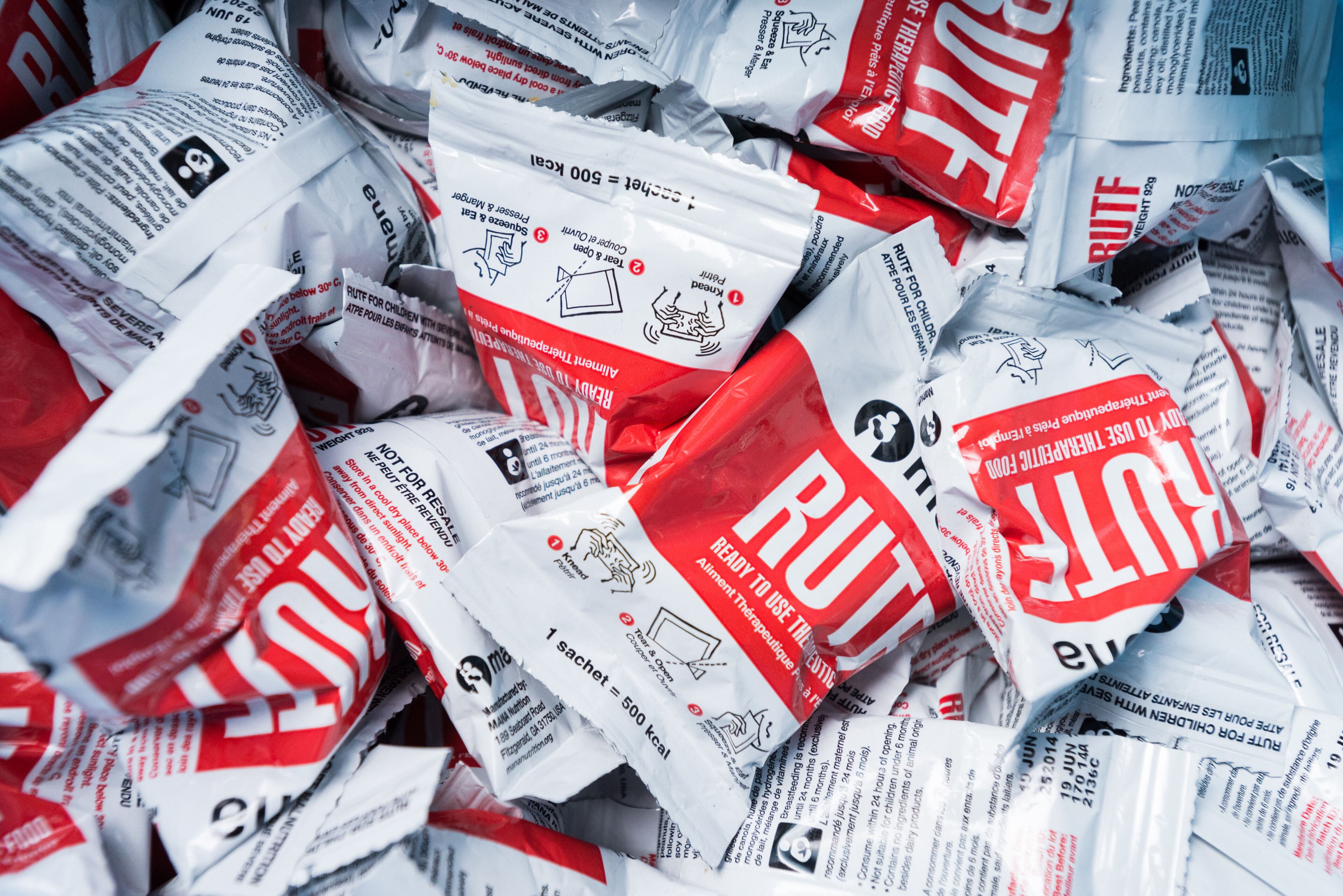 Packets of a peanut butter-based product made at Mana Nutrition's plant in Fitzgerald, Georgia. The ready-to-use therapeutic food, or RUTF, is made for severely malnourished children in Africa under a U.S. foreign aid program. (Contributed photo)
