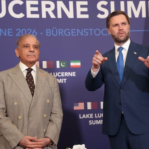 U.S. Vice President JD Vance, right, meets with Pakistan's Prime Minister Shehbaz Sharif, during high-level talks aimed at advancing a deal to end the Middle East conflict, at the Bürgenstock Resort in Obbuergen, near Lucerne, in Switzerland, Sunday, June 21, 2026. (Nathan Howard/Pool Photo via AP)
