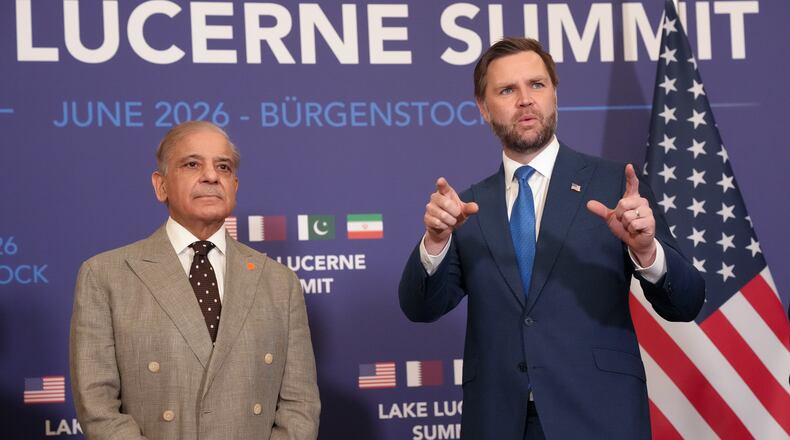 U.S. Vice President JD Vance, right, meets with Pakistan's Prime Minister Shehbaz Sharif, during high-level talks aimed at advancing a deal to end the Middle East conflict, at the Bürgenstock Resort in Obbuergen, near Lucerne, in Switzerland, Sunday, June 21, 2026. (Nathan Howard/Pool Photo via AP)