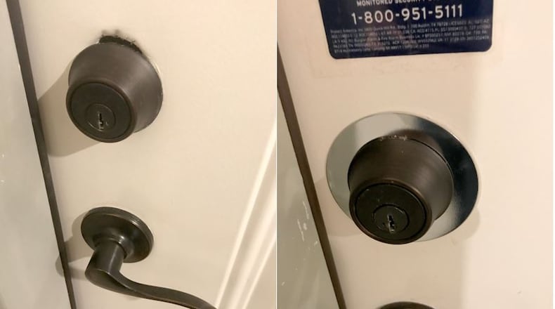 Several apartments were broken into at the Marquis in Buckhead (left). The complex management later put steel rings around the locks in hopes of thwarting future break-ins.