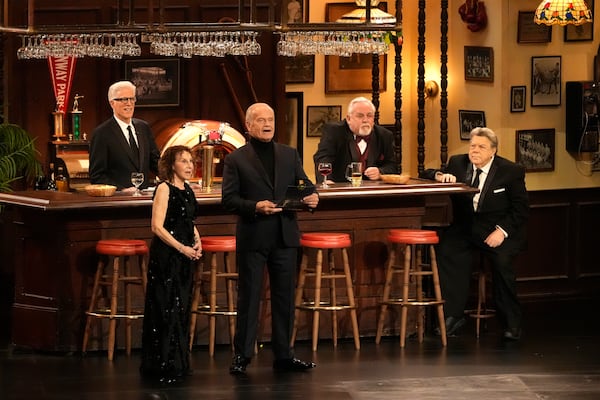 FILE - Rhea Perlman, from left, Kelsey Grammar, Ted Danson, John Ratzenberger, George Wendt present the award for outstanding writing for a comedy series during the 75th Primetime Emmy Awards on Monday, Jan. 15, 2024, at the Peacock Theater in Los Angeles. (AP Photo/Chris Pizzello, file)