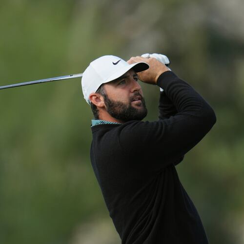 Scottie Scheffler watches his shot from the third tee during the first round of the American Express golf event at La Quinta County Club Thursday, Jan. 22, 2026, in La Quinta, Calif. (AP Photo/Ross D. Franklin)