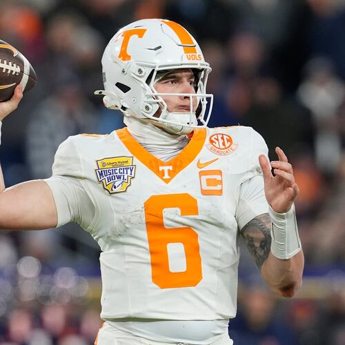 FILE - Tennessee quarterback Joey Aguilar (6) looks to throw a pass during the second half of the Music City Bowl NCAA college football game against Illinois, Dec. 30, 2025, in Nashville, Tenn. (AP Photo/George Walker IV, File)