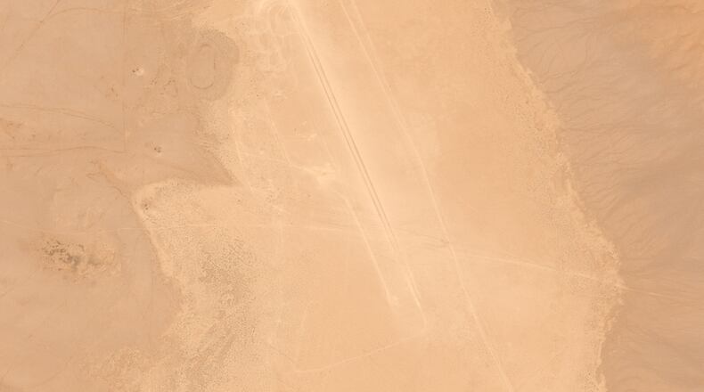 This satellite image provided by Airbus DS shows what appears to be a human-made track dug out in Iraq's western Nukhaib desert, some 250 kilometers (155 miles), southwest of the capital, Baghdad, on Sunday, March 8, 2026. (© Airbus DS 2026 via AP)