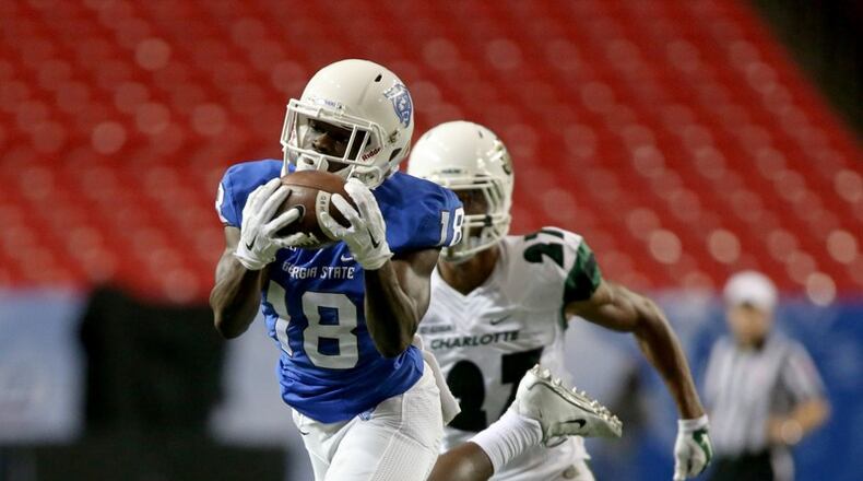 Georgia State Panthers wide receiver Penny Hart (18) catches a 53-yard touchdown pass in the fourth quarter of their game against the Charlotte 49ers at the Georgia Dome, September 4, 2015, in Atlanta. Hart is returning from a broken foot that sidelined him for most of 2016. PHOTO / JASON GETZ
