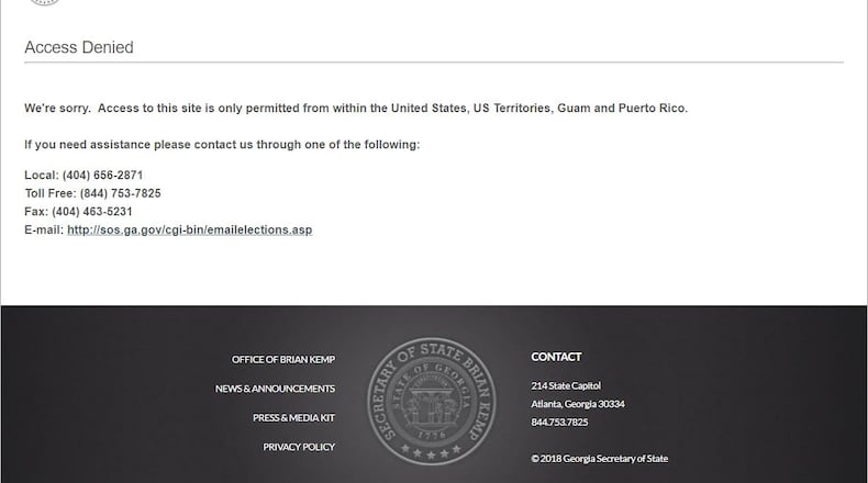 Visitors to the Secretary of State's voter registration web pages from international locations receive an "Access Denied" message.