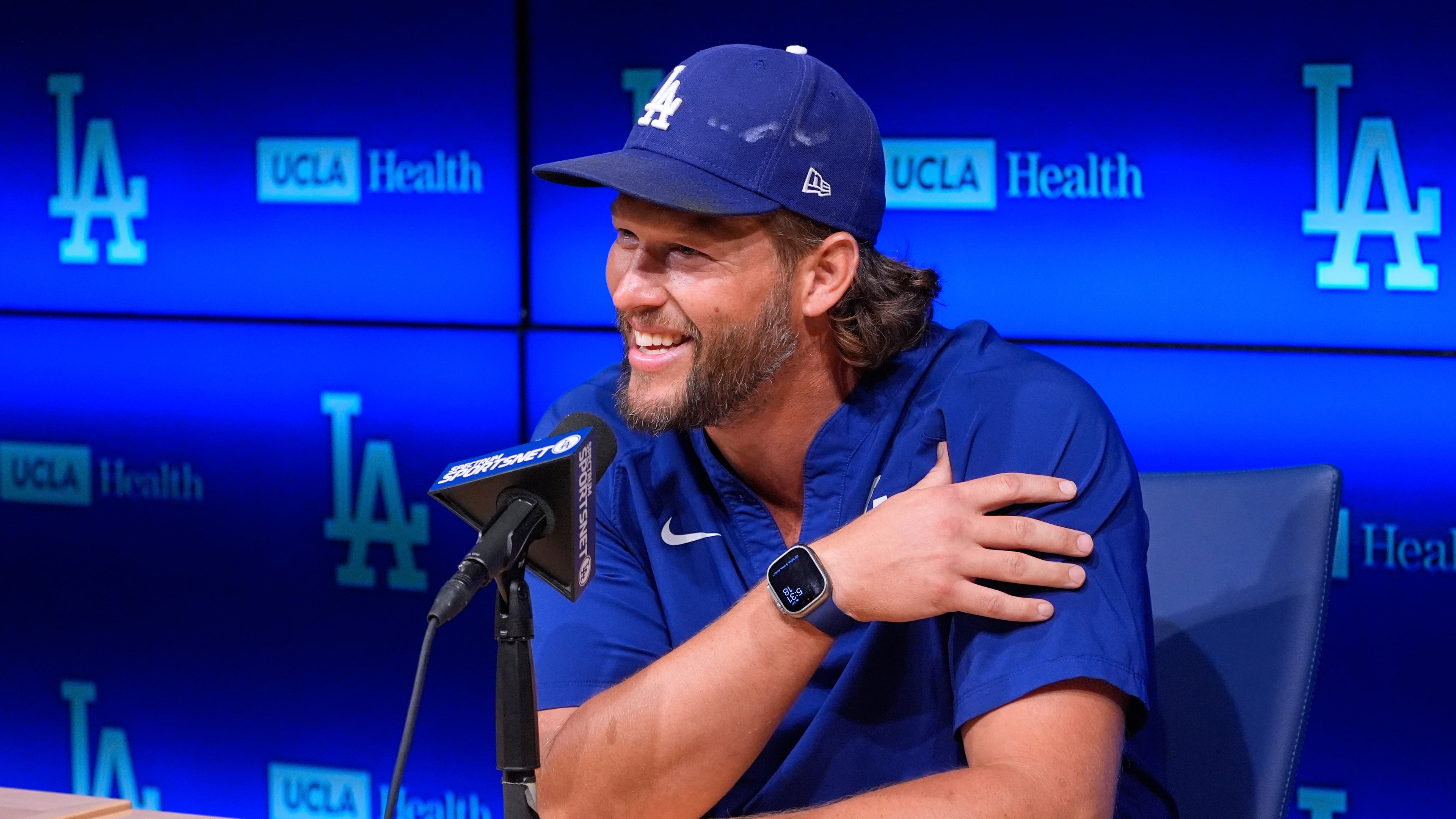 Los Angeles Dodgers pitcher Clayton Kershaw speaks to the media after announcing his retirement at the end of the season prior to a baseball game against the Philadelphia Phillies Thursday, Sept. 18, 2025, in Los Angeles. (AP Photo/Mark J. Terrill)