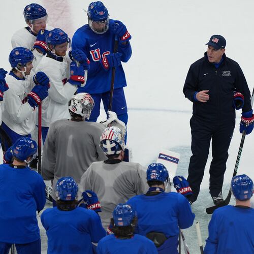 United States' head coach Mike Sullivan speaks doing men's ice hockey practice at the 2026 Winter Olympics, in Milan, Italy, Sunday, Feb. 8, 2026. (AP Photo/Carolyn Kaster)