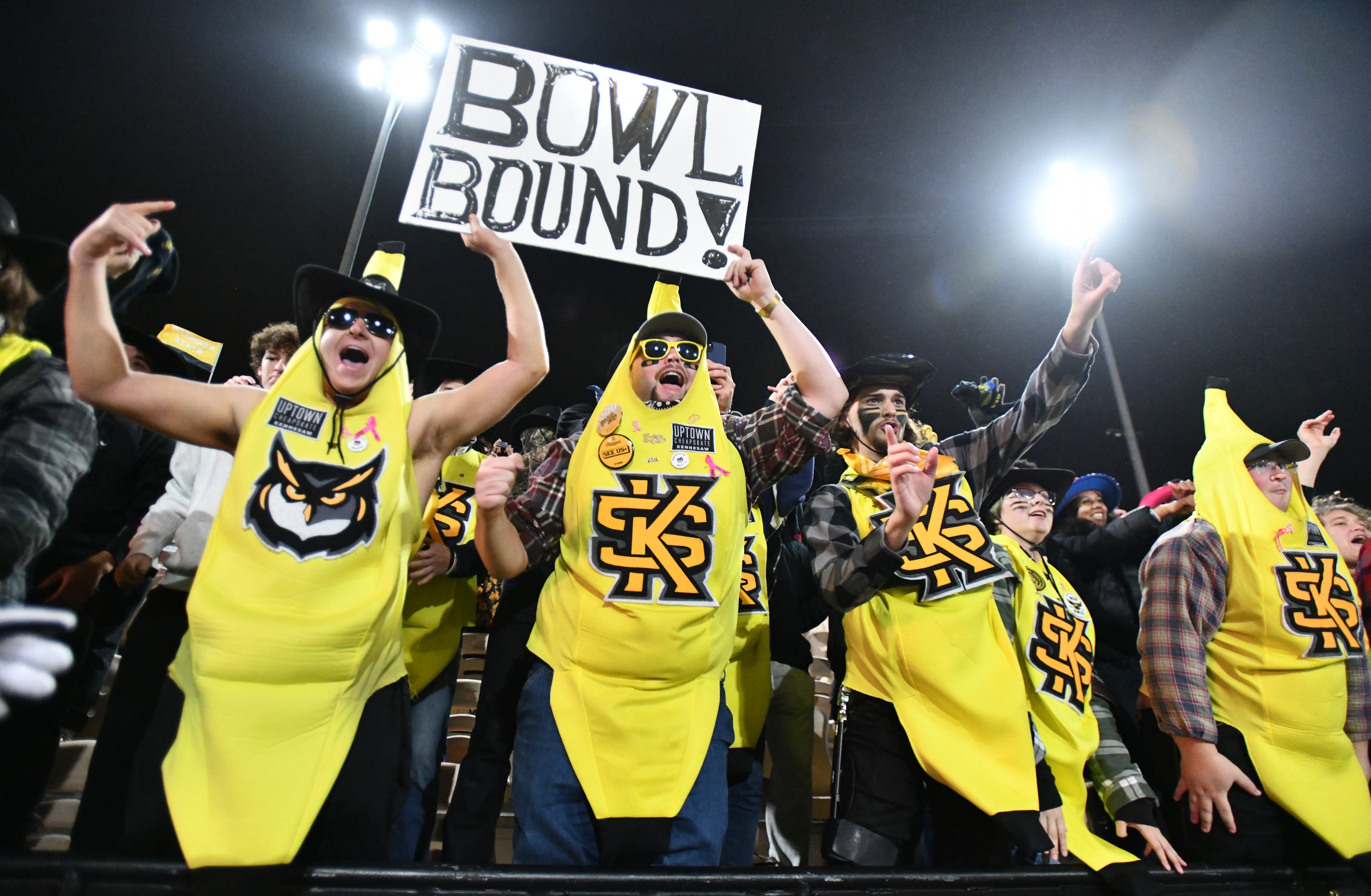 Kennesaw State fans celebrate after Kennesaw State beat UTEP during an NCAA college football game at Fifth Third Stadium, Tuesday, October 28, 2025 in Kennesaw. Kennesaw State won 33-20 over University of Texas at El Paso. (Hyosub Shin / AJC)