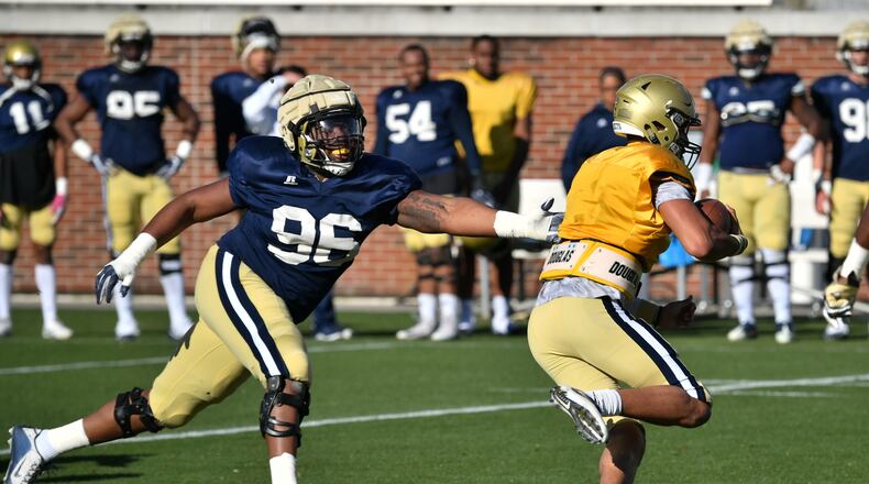 Georgia Tech nose tackle Chris Martin (96) in a spring-practice scrimmage March 31 at Bobby Dodd Stadium. (Danny Karnik/Georgia Tech Athletics)
