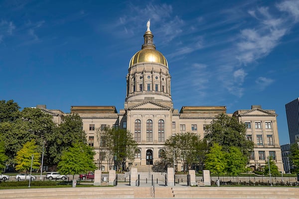 FILE - The Georgia State Capitol is seen from Liberty Plaza in downtown Atlanta, April 6, 2020. (Alyssa Pointer/Atlanta Journal-Constitution via AP, File)