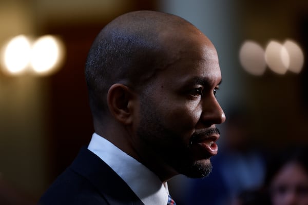 Democratic candidate for governor Jason Esteves speaks to reporters after filing paperwork to run for election last month. (Arvin Temkar/AJC)