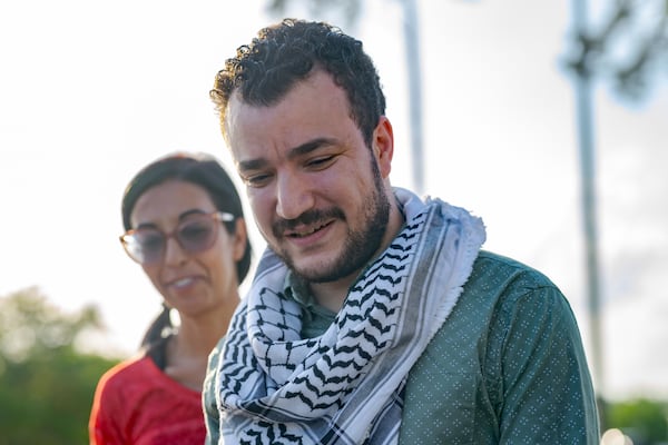 Palestinian activist Mahmoud Khalil speaks after his release from federal immigration detention in Jena, La., Friday, June 20, 2025. (AP Photo/Matthew Hinton)