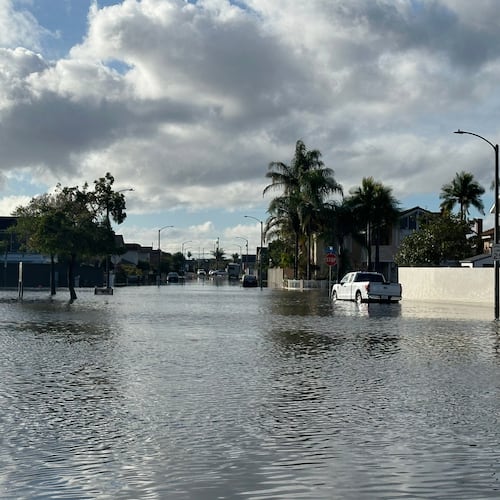 A local pond overflows into a residential neighborhood in Huntington Beach, Calif. following a storm on Friday, Nov. 21, 2025. (AP Photo/Amy Taxin)