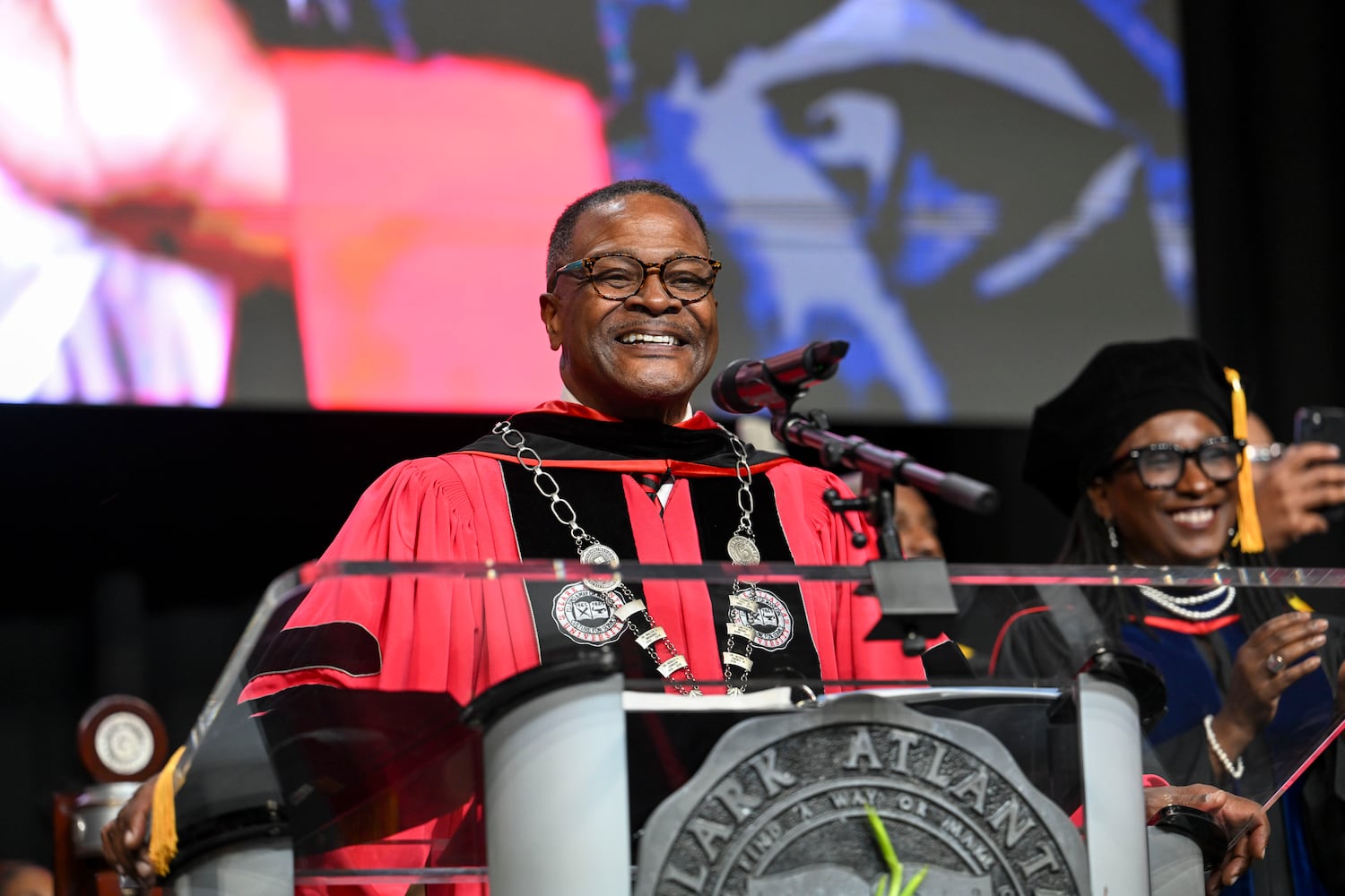 Clark Atlanta University President George T. French Jr., address attendees during university’s 2025 commencement ceremony Sunday, May 18, 2025 at Georgia State’s Convocation Center. (Daniel Varnado/For the Atlanta Journal-Constitution)