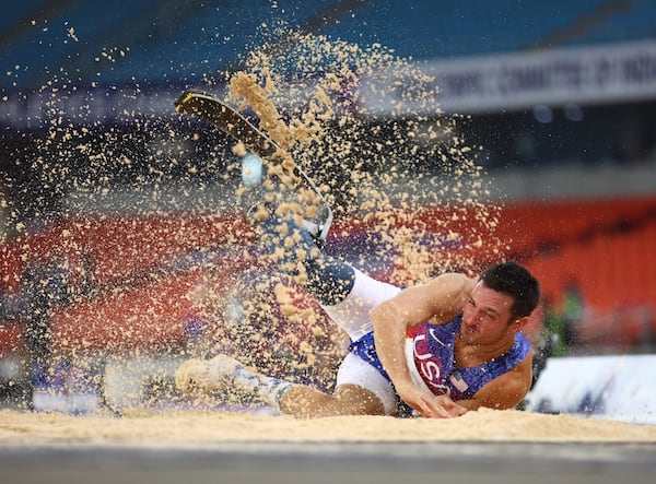 Paralympian Jarryd Wallace lands in the sand after a jump at the New Delhi 2025 World Para Athletics Championships at Jawaharlal Nehru Stadium Delhi in India. (Photo by Marcus Hartmann/courtesy of Jarryd Wallace)