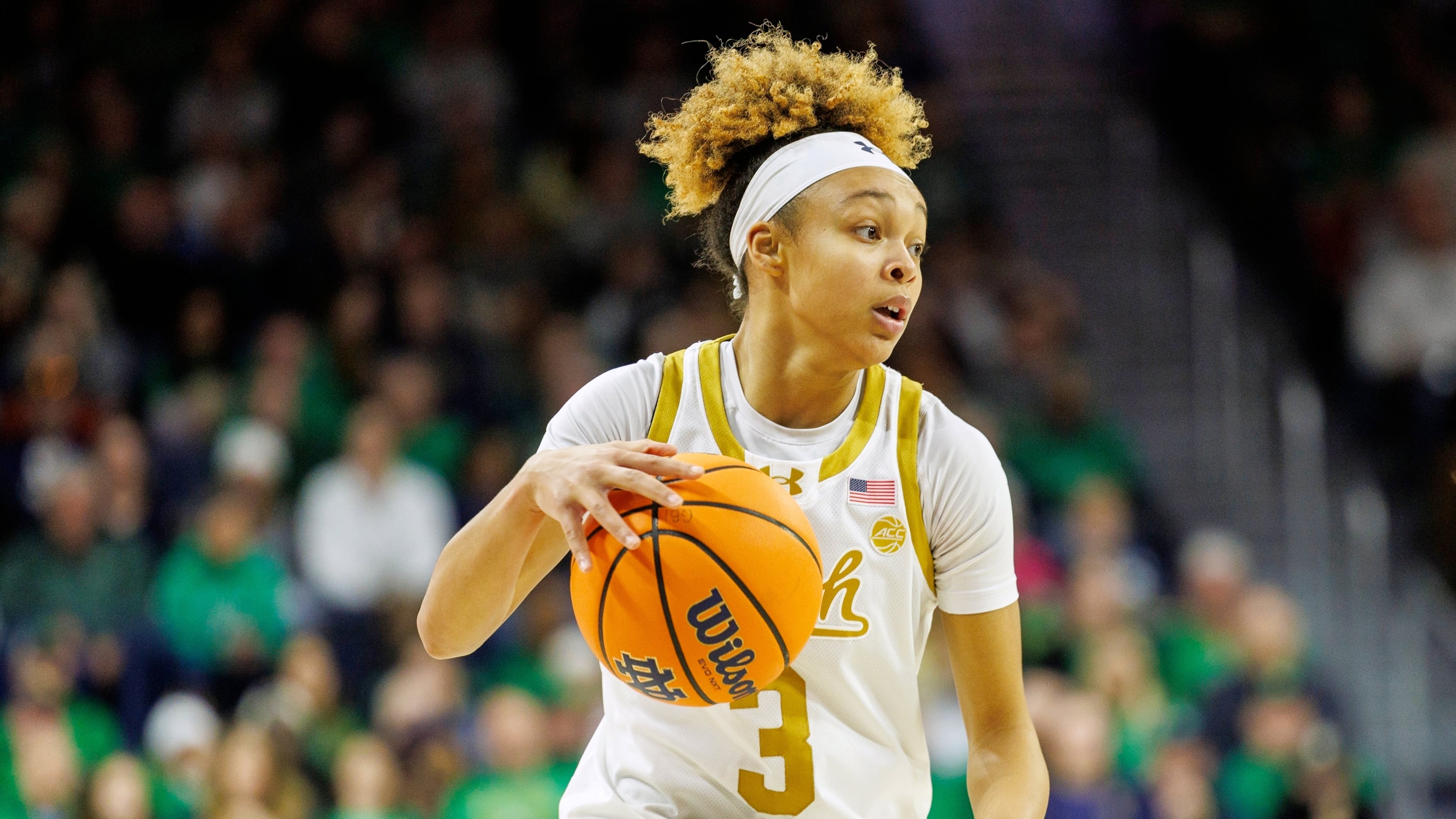 FILE - Notre Dame guard Hannah Hidalgo (3) during the first half of an NCAA college basketball game against Duke, Monday, Feb. 17, 2025, in South Bend, Ind. (AP Photo/John Mersits, File)