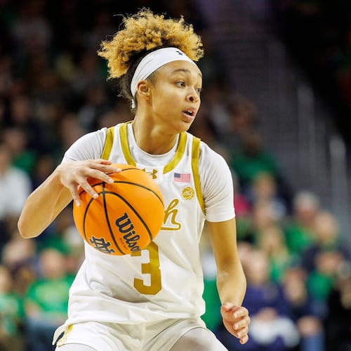 FILE - Notre Dame guard Hannah Hidalgo (3) during the first half of an NCAA college basketball game against Duke, Monday, Feb. 17, 2025, in South Bend, Ind. (AP Photo/John Mersits, File)